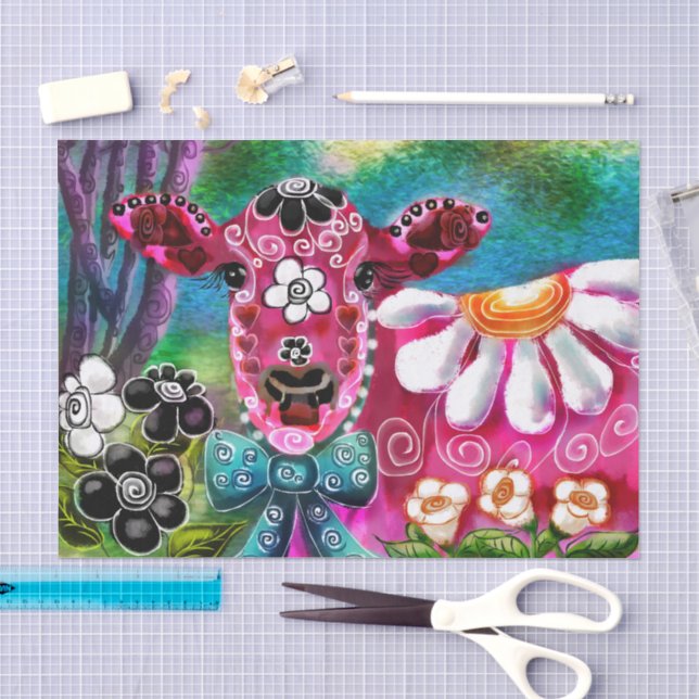 Whimsisches, florales Kuh Pink Aquamarine schwarze Seidenpapier (Handwerk)