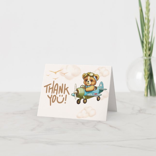 Whimsisches Flugzeug Teddy Bear Baby Dusche Dankeskarte (Vorderseite)