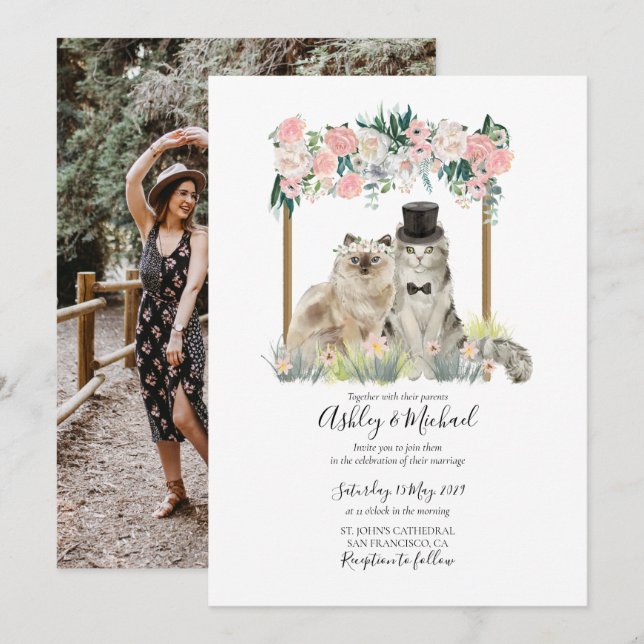 Whimsisches Foto Aquarellkatze Pink Weiße Blüte Einladung (Vorne/Hinten)