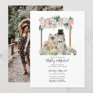 Whimsisches Foto Aquarellkatze Pink Weiße Blüte Einladung