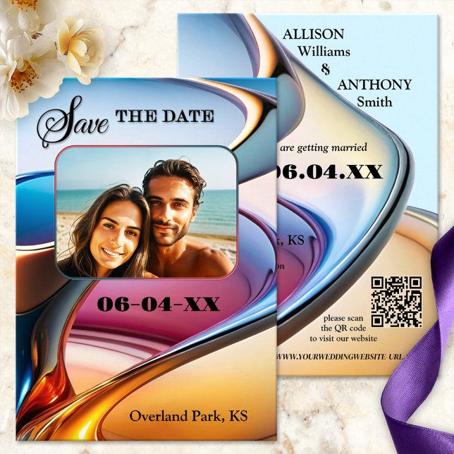Whimsisches Foto der modernen Abstrakten Kunst Sav Ankündigung (Whimsical Save the Date card showing your photo on a colorful abstract modern design - with QR code)
