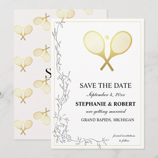 Whimsisches Goldenes Tennis Save The Date (Vorne/Hinten)