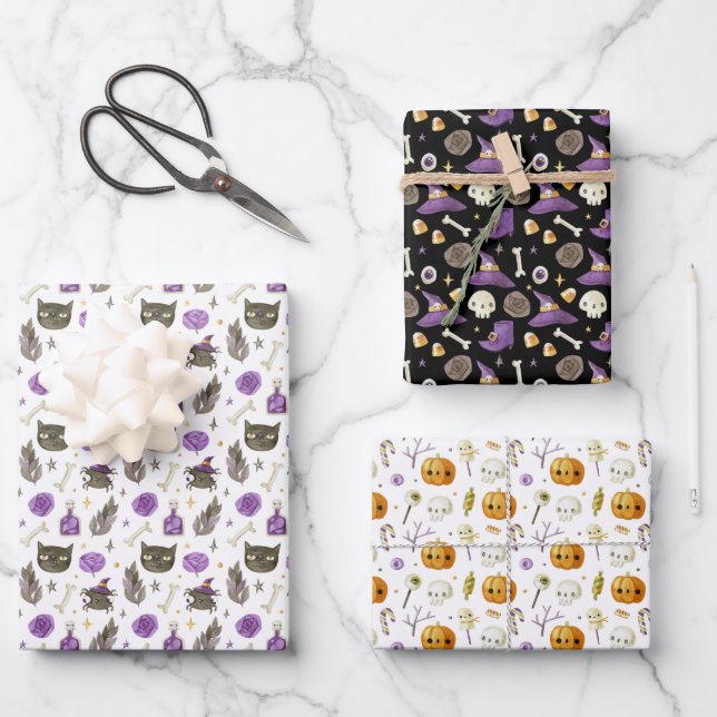 Whimsisches Halloween-Geschenkpapier 3 Pack Geschenkpapier Set (Vorderseite)