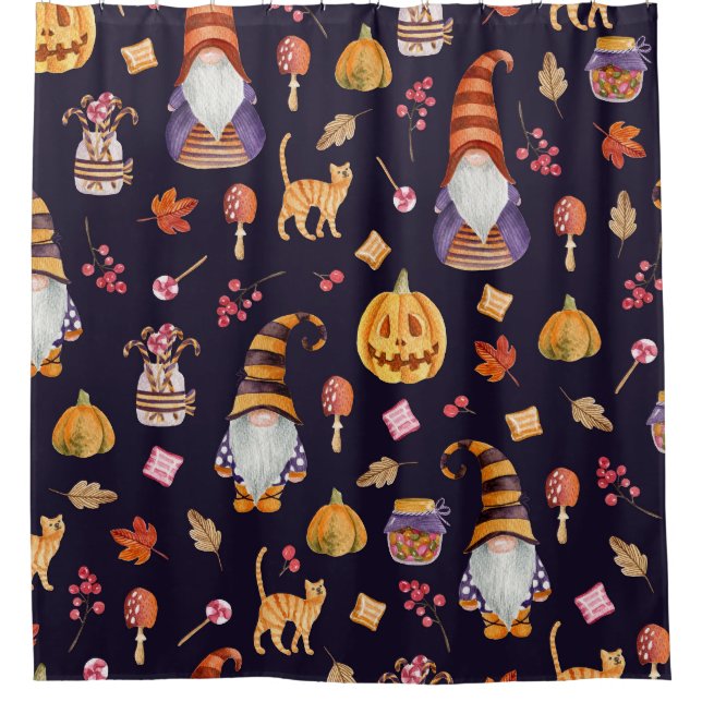 Whimsisches Halloween: Gnomes & Pumpkins Duschvorhang (Vorderseite)