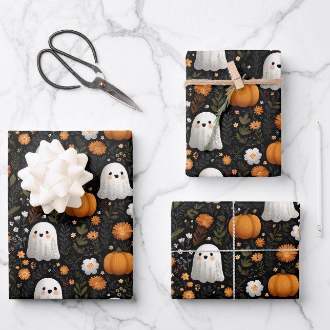 Whimsisches Halloween-Niedliches Ghosts & Pumpkins Geschenkpapier Set (Vorderseite)