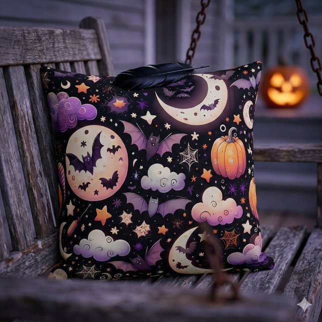 Whimsisches Halloween Night Sky Muster Kissen (Whimsical Halloween Night Sky Pattern Throw Pillow Mockup B)
