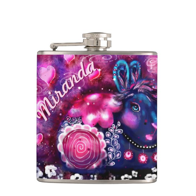 Whimsisches Kaninchen "Glamour Bunny" Pink Lila Flachmann (Vorderseite)