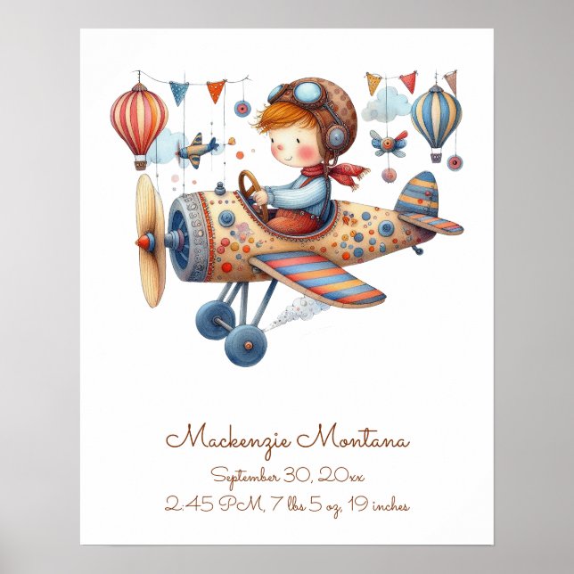 Whimsisches Kinderzimmer Art Kind und Flugzeug per Poster (Vorne)