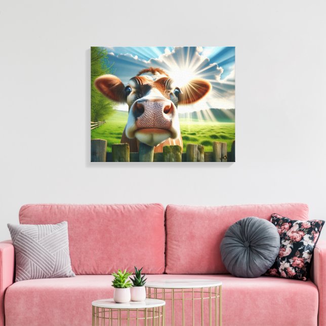 Whimsisches Kuh-Peering über Zaun Leinwanddruck (Insitu (Wohnzimmer))