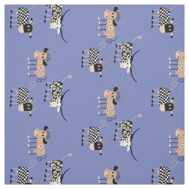 Whimsisches Kuhmuster auf blau Stoff (Muster)