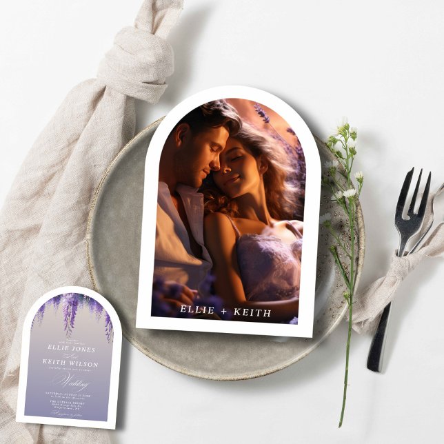 Whimsisches, Lila, florales Foto Arch Weddin Einladung (Von Creator hochgeladen)