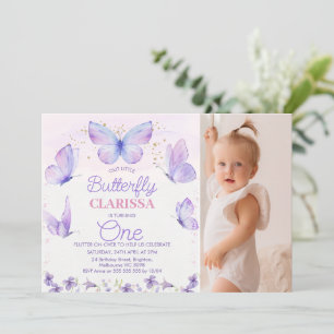 Whimsisches Lila Foto Butterfly 1. Geburtstag Einladung
