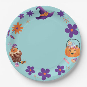 Whimsisches Lila Orange Kids Halloween-Party Pappteller