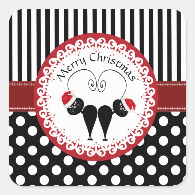 Whimsisches lustiges Weihnachtskatzenpaar Quadratischer Aufkleber (Vorderseite)