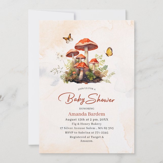 Whimsisches Mushroom Wasserfarbe Babydusche Einladung (Vorderseite)