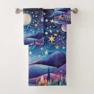 Whimsisches Nachtleben Big Moon Landschaft Badhandtuch Set