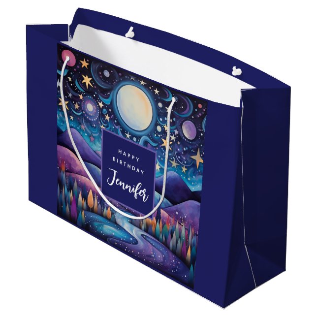 Whimsisches Nachtleben Big Moon Landschaft Geburts Große Geschenktüte (Rückseite Schrägansicht)