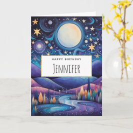 Whimsisches Nachtleben Big Moon Landschaft Geburts Karte