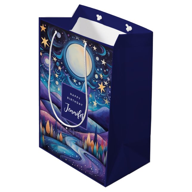 Whimsisches Nachtleben Big Moon Landschaft Geburts Mittlere Geschenktüte (Rückseite Schrägansicht)