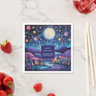 Whimsisches Nachtleben Big Moon Landschaft Geburts Serviette