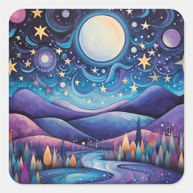 Whimsisches Nachtleben Big Moon Landschaft Quadratischer Aufkleber (Vorderseite)