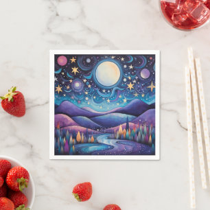 Whimsisches Nachtleben Big Moon Landschaft Serviette