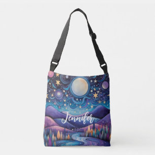 Whimsisches Nachtleben Big Moon Landschaft Tragetaschen Mit Langen Trägern