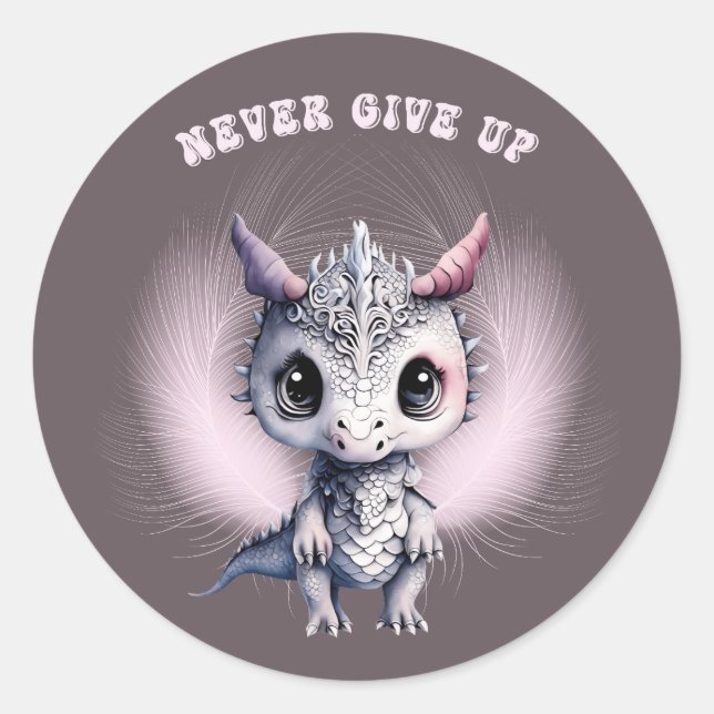 Whimsisches Niedliches Feather Dragon "Never Give  Runder Aufkleber (Vorderseite)