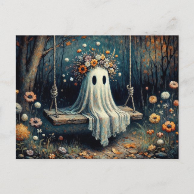 Whimsisches Niedliches Gespenst mit Blumenkronen a Postkarte (Vorderseite)