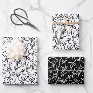 Whimsisches Niedliches Schwarz-weiß Bows Muster Gi Geschenkpapier Set