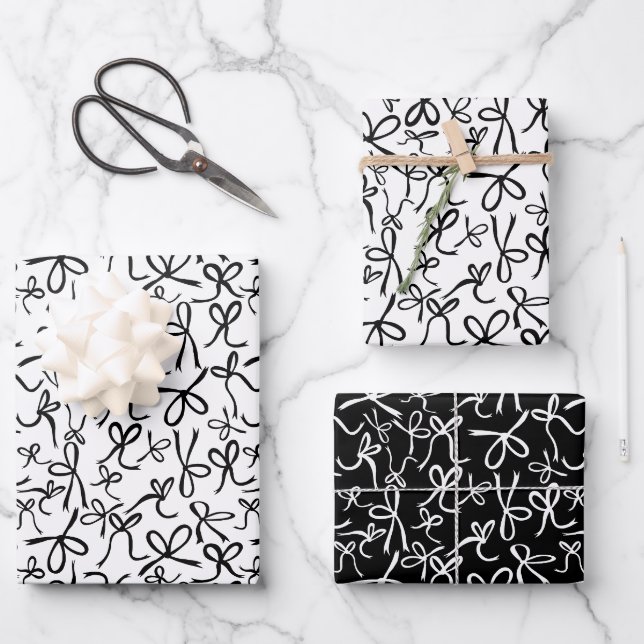Whimsisches Niedliches Schwarz-weiß Bows Muster Gi Geschenkpapier Set (Vorderseite)