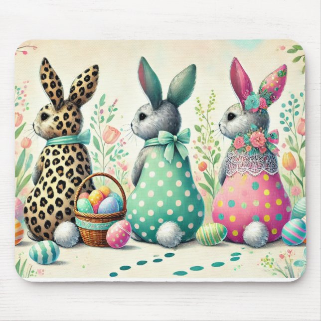 Whimsisches Ostertrio Gemustert Bunnies Mouse Pad Mousepad (Vorne)