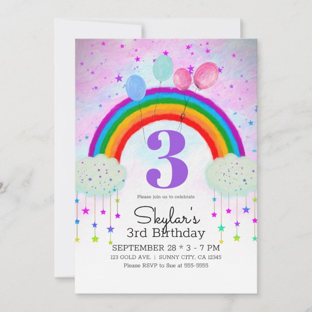 Whimsisches Party Balloons Rainbow Stars Geburtsta Einladung (Vorderseite)