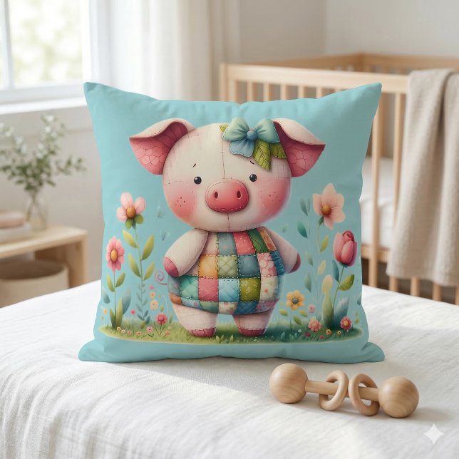 Whimsisches Patchwork Schweinefleisch im Blumengar Kissen (Whimsical Patchwork Pig in Floral Garden Throw Pillow Mockup A)