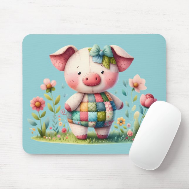 Whimsisches Patchwork Schweinefleisch im Blumengar Mousepad (Mit Mouse)