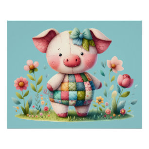 Whimsisches Patchwork Schweinefleisch im Blumengar Poster