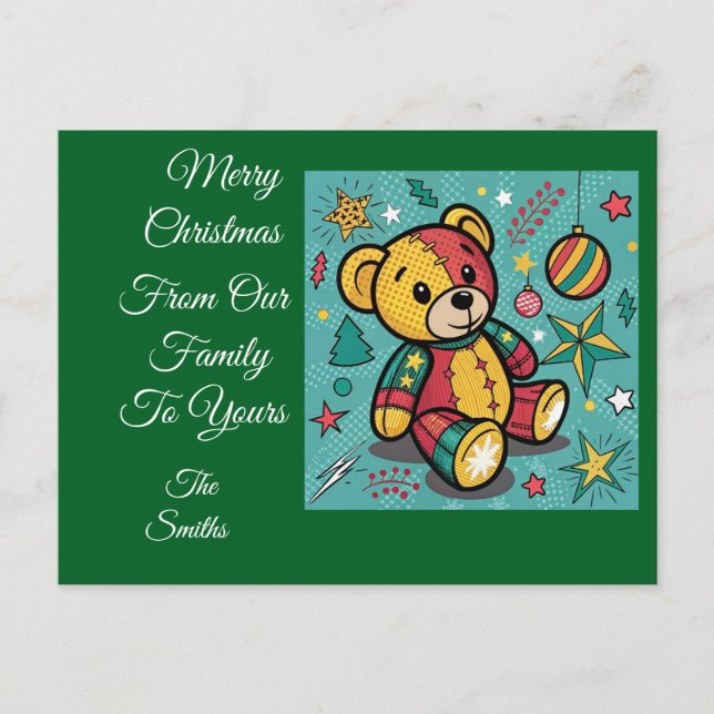 Whimsisches Patchwork Weihnachtsbär Feiertagspostkarte (Vorderseite)