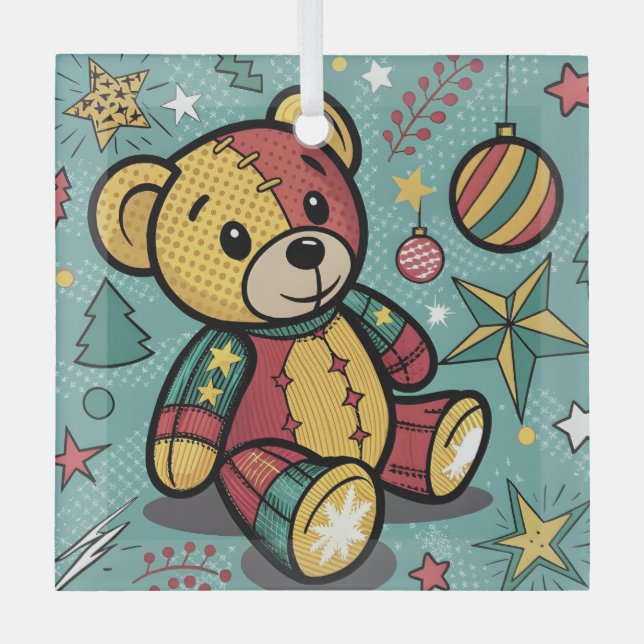 Whimsisches Patchwork Weihnachtsbär Ornament Aus Glas (Vorderseite)