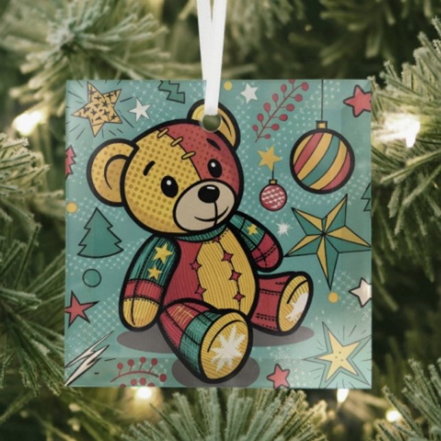 Whimsisches Patchwork Weihnachtsbär Ornament Aus Glas (Glass Square Ornament frosted back one-sided printable size: 3”.
  
)