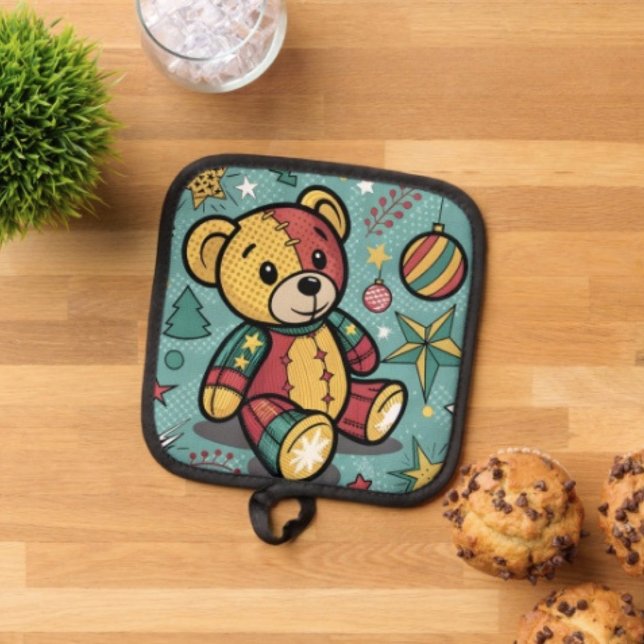 Whimsisches Patchwork Weihnachtsbär Topflappen (Pot Holder Full rubber protection cover no slip silicon hanging loop. )