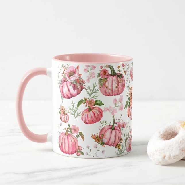 Whimsisches Pink Pumpkin Wasserfarben Tasse (Mit Donut)