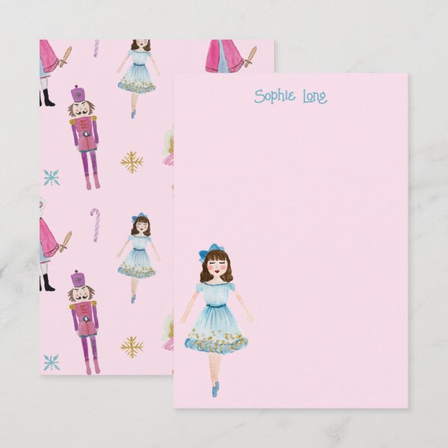 Whimsisches Pink Watercolor Nutcracker Clara Dankeskarte (Vorne/Hinten)