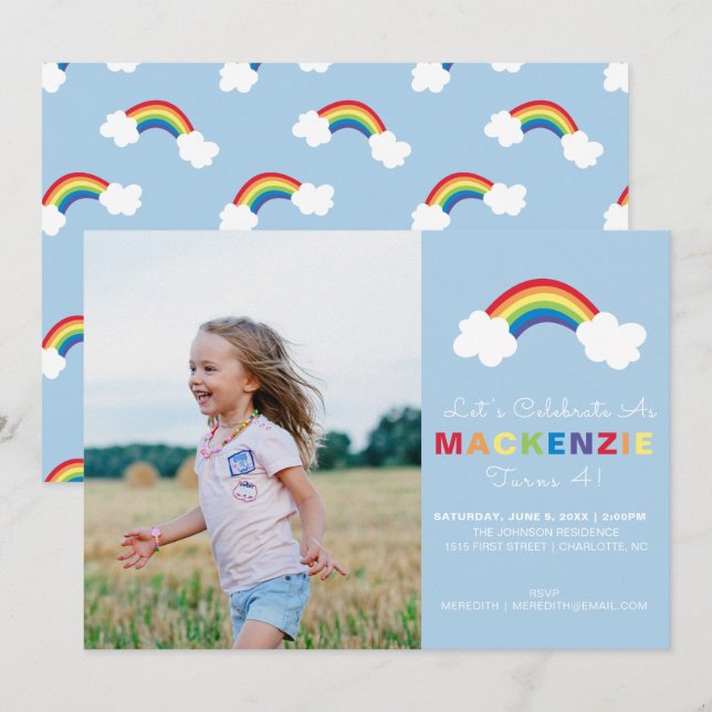 Whimsisches Preppy Foto Girl Rainbow Birthday Part Einladung (Vorne/Hinten)