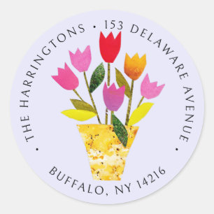 Whimsisches Retro Tulips Lavender Rücksendeadresse Runder Aufkleber