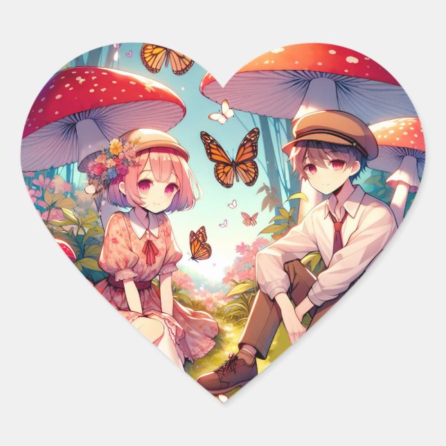 Whimsisches Romantisches Anime Couple Herz-Aufkleber (Vorderseite)