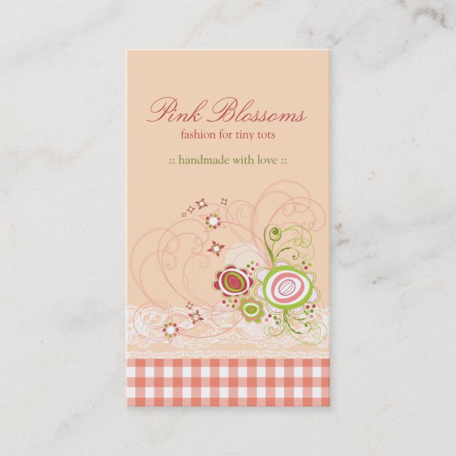 Whimsisches Rosa Blüten Karo & Spitzen-Visitenkart Visitenkarte (Vorderseite)