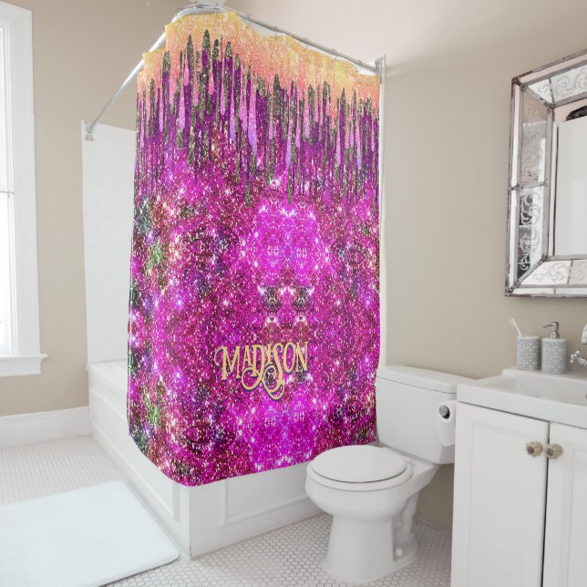 Whimsisches Rosa lila Glitzer Gold Tropfen Monogra Duschvorhang (Beispiel)