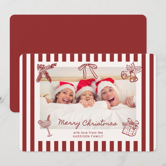 Whimsisches Rot Streifen Familienweihnachtskarte W Einladung (Vorne/Hinten)