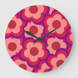 Whimsisches Rot und Rosa Floral Retro, fett preppy Große Wanduhr