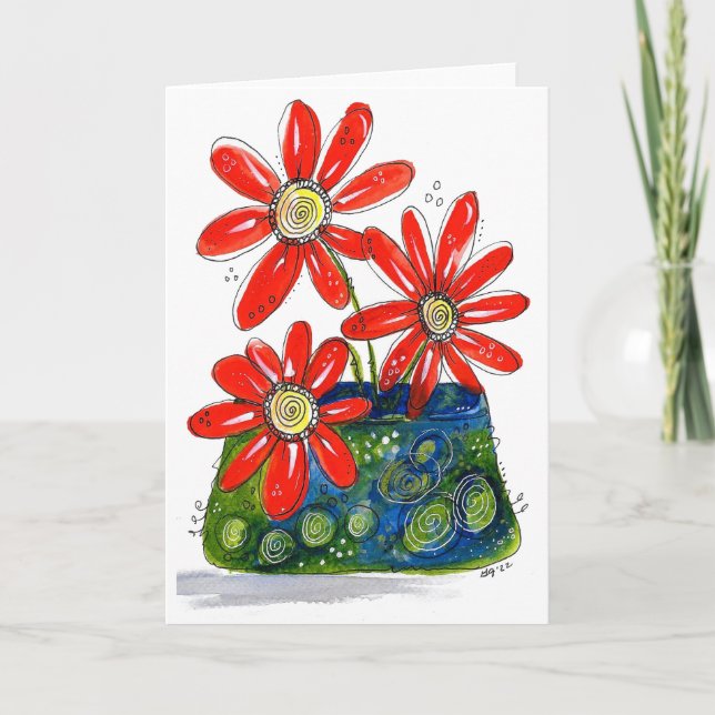Whimsisches Rotes Blume Karte (Vorderseite)